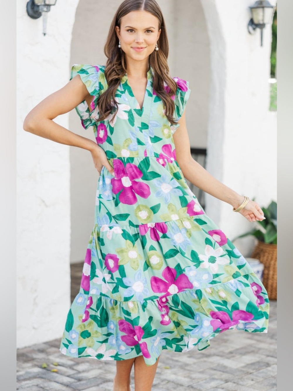 Shop The Mint Created Beauty Sage Green Floral Midi Dress Size Large